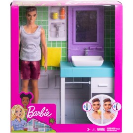 Barbie - Playset Il Bagno di Ken, Bambola con Barba che Appare e Scompare, Lavandino, Specchiera e 4 Accessori, FYK53 