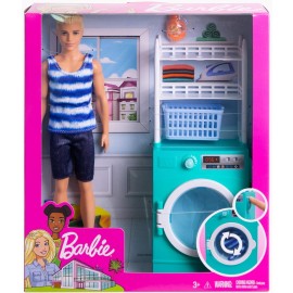 Barbie - Lavanderia di Ken Bambola e Lavatrice/Asciugatrice con Cestello Rotante e 2 Accessori, FYK52  
