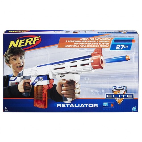 Nerf Blaster Retaliator Elite, Portata fino a 27 m, Bianco/ Arancione di Hasbro 98696