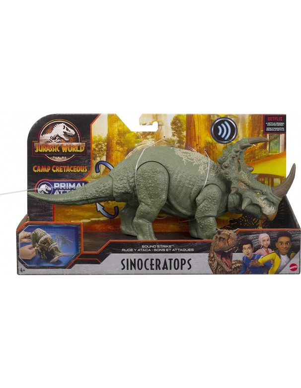 Jurassic World - Attacco Sonoro, Dinosauro Sinoceratops Snodato con Azione Attacco e Morso, Mattel HBX34-GJN64