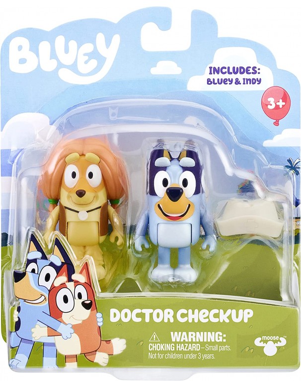 Bluey and Friends confezione 2 personaggi: Indy e bluey Doctor con Cappello Stemma crocerossa , Giochi Preziosi BLY07000