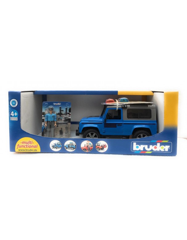 Bruder 02597 - Land Rover Defender Station Wagon Polizia (blu) ,luci e suono e poliziotto - scala 1/16 