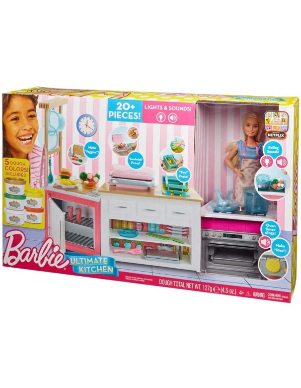 Barbie Cucina da Sogno con Bambola, 5 Aree di Gioco, Pasta Modellabile, Luci e Suoni, Mattel FRH73