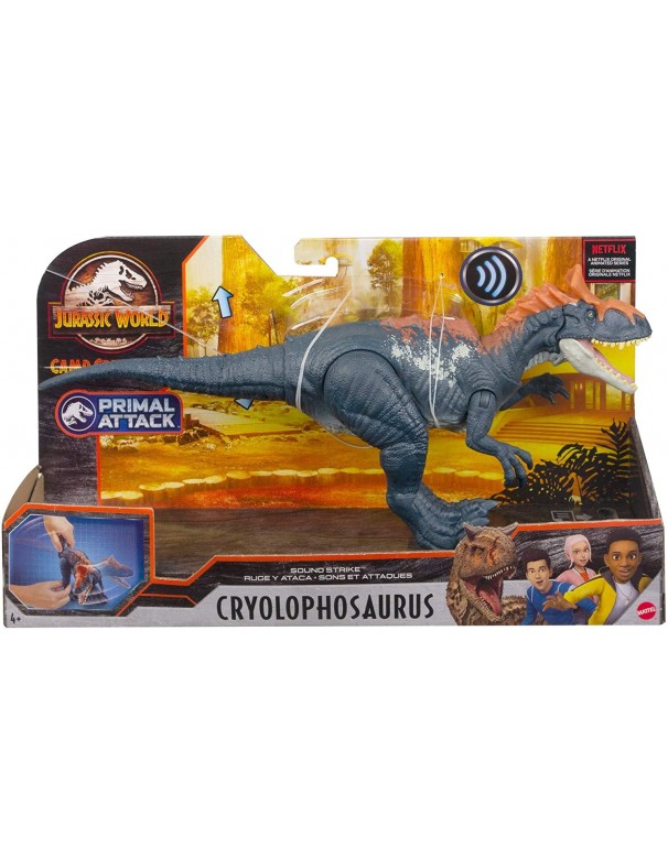 Jurassic World - Attacco Sonoro, Dinosauro Cryolophosaurus Snodato con Azione Attacco e Morso, Mattel HCL80-GJN64