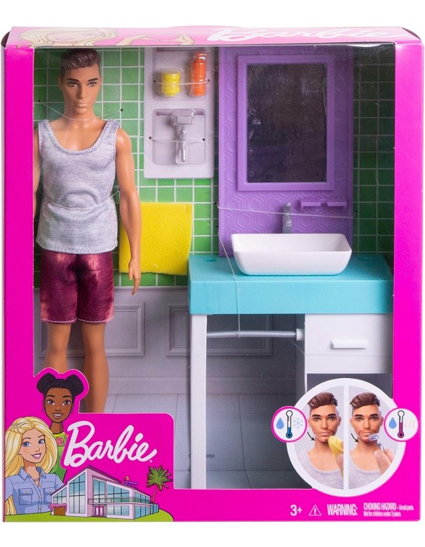 Barbie - Playset Il Bagno di Ken, Bambola con Barba che Appare e Scompare, Lavandino, Specchiera e 4 Accessori, FYK53 