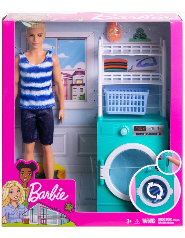 Barbie - Lavanderia di Ken Bambola e Lavatrice/Asciugatrice con Cestello Rotante e 2 Accessori, FYK52  