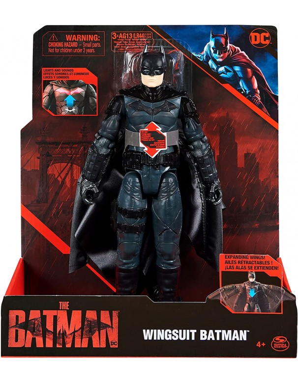 BATMAN Personaggio Deluxe del film The Batman da 30 cm con tuta alare, luci, suoni e ali che si aprono, Spin Master 6060523