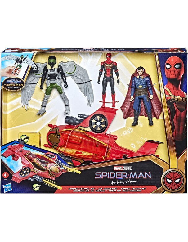Marvel Spider-Man, Spider Escape Jet, Spider-Man, Doctor Strange e il personaggio Marvel L'Avvoltoio in scala da 15 cm, 4 missili, dai 4 anni in su 