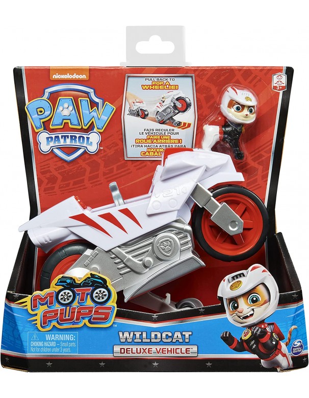 Paw Patrol, veicolo Moto Pups di Wildcat, motocicletta con motore a retrocarica e personaggio, Spin Master  6060433 
