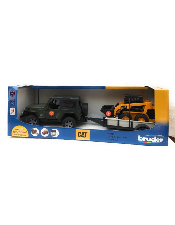 Bruder 02924 - Jeep Wrangler Unlimited verde con rimorchio e carrello con bobcat CAT- DIFETTO  - scala 1/16 