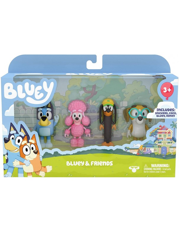 Bluey and Friends confezione 4 personaggi: Bluey, Coco, Snickers and Honey, Giochi Preziosi BLY01000