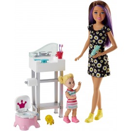 Barbie  Babysitters  Playset con Skipper, Bebè, Lavandino e Vasino Trasformabile di Mattel  FJB01