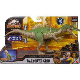 Jurassic World - Attacco Sonoro, Dinosauro Baryonyx Grim Snodato con Azione Attacco e Morso, Mattel GVH65-GJN64