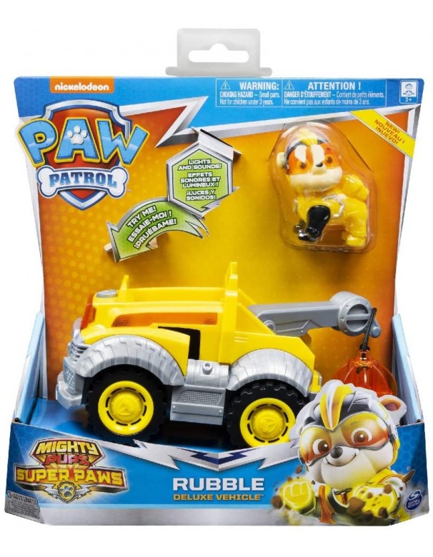 PAW Patrol, veicolo deluxe Mighty Pups Super Paws RUBBLE, con luci e suoni, Spin Master 6053026
